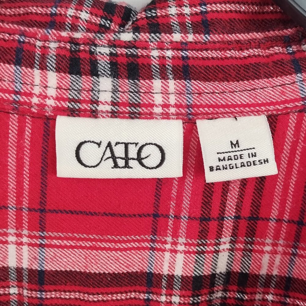 Cato Women's Red Plaid Long-Sleeve Half Button Flannel Tunic Length Size M - Picture 6 of 11